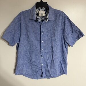 Report Collection Resort Linen Blend Short Sleeve Blue Button Down Shirt XL